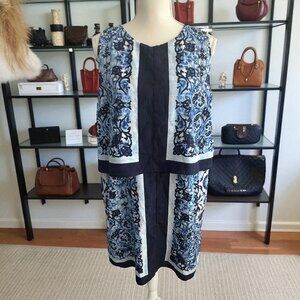 MICHAEL KORS Blue Striped Brocade Print Tiered Dress Size 14